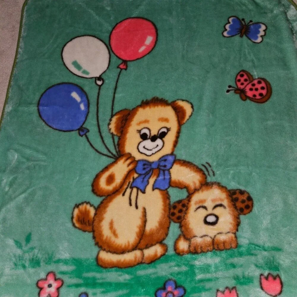 Green Teddy Bear Blanket Balloons Brown Puppy Dog Blue Red Flowers Butterflies